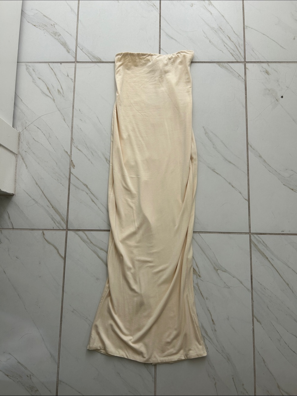 Oh Polly Strapless Cream Satin Maxi Dress